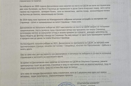 Реакција на ОК ВМРО ДПМНЕ Струмица против кандидатот за градоначалник од СДСМ, Марјан Даскаловски